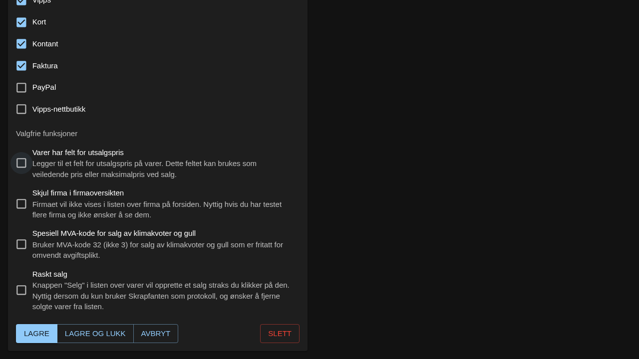 Firmadetaljer og innstillinger