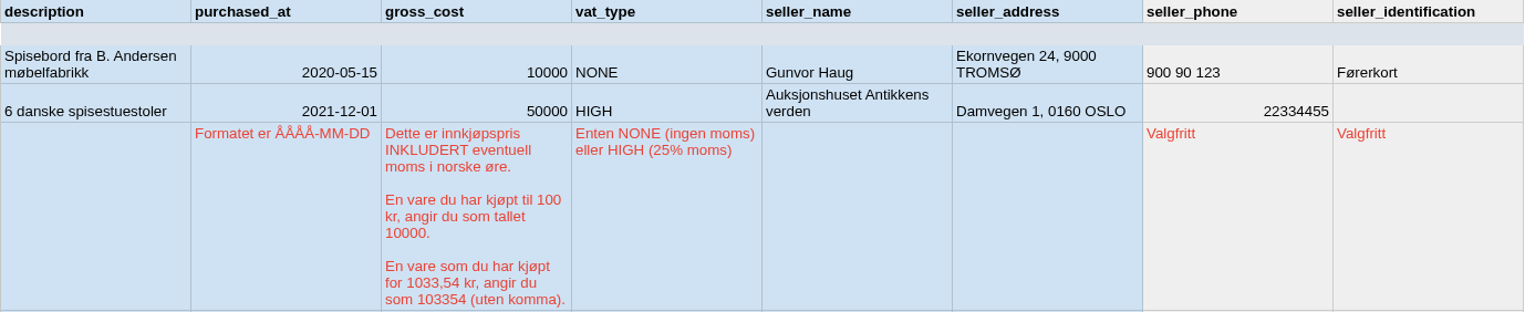 Regnearket med kolonnenavn, to eksempelrader og forklaringer