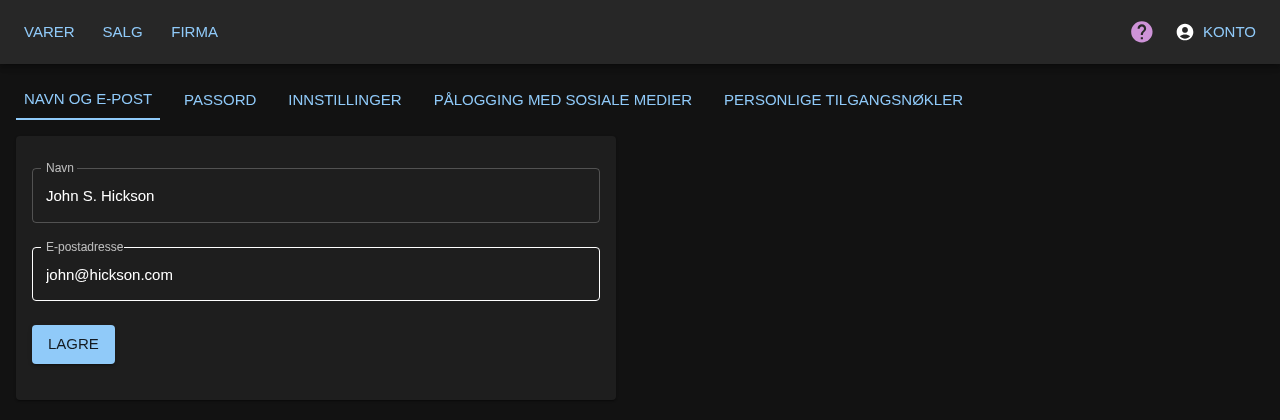 Kontoinnstillinger med faner for navn, passord og pålogging