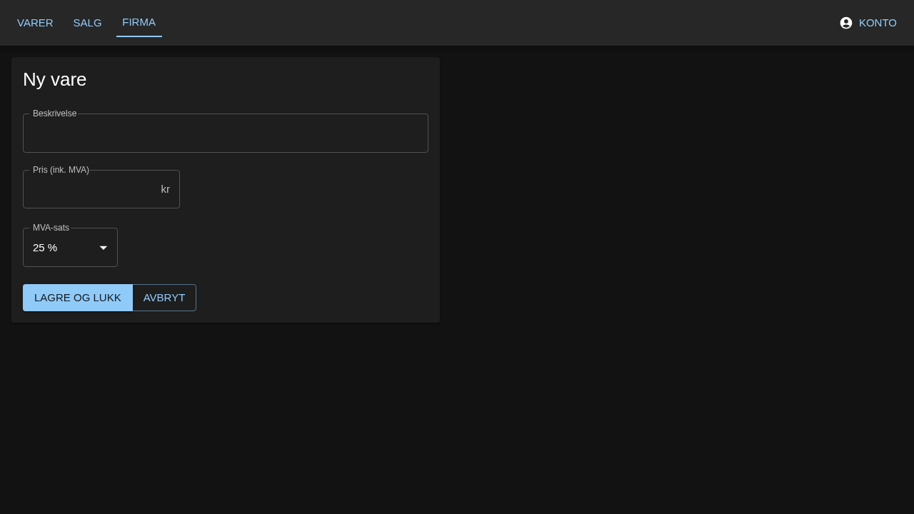 Skjema for å legge til en ny vare i varekatalog